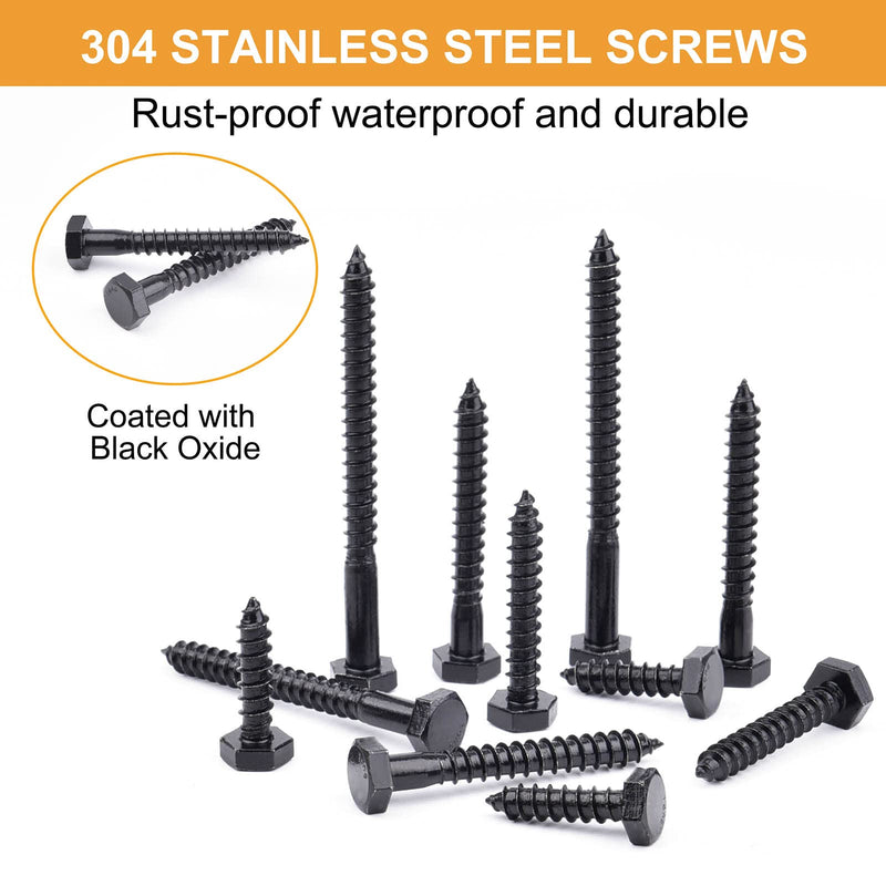 [Australia - AusPower] - 1/4" Hex Lag Bolts Stainless Steel 18-8 (304), VIGRUE 108PCS Black Oxidized, Hex Lag Screws Heavy Duty Wood Screws Washers Assortment kit, Length Include 1" 1-1/2" 2" 2-1/2" 3" 1/4 x 1" to 3" 