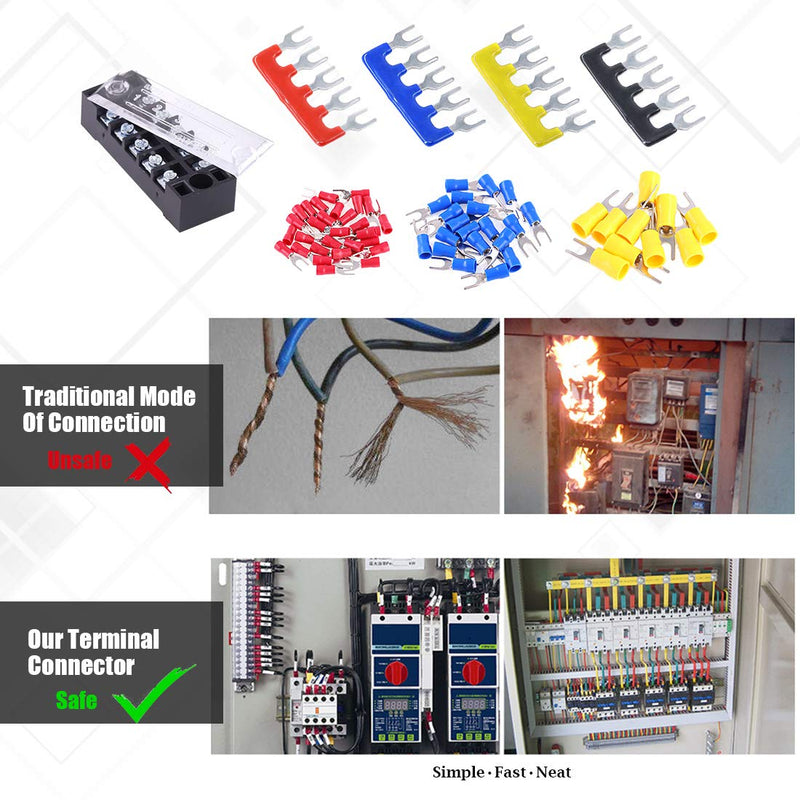 [Australia - AusPower] - Glarks 70Pcs(5Sets) Terminal Block Set, 5Pcs 5 Positions 600V 15A Dual Row Screw Terminals Strip + 5Pcs Pre-Insulated Barrier Strips + 60Pcs Insulated Fork Wire Connector (5P+Fork Connector) 5P+Fork Connector 