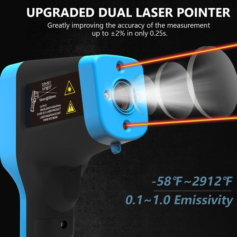 [Australia - AusPower] - Infrared Thermometer Gun Rechargeable, -58℉~2912℉ High Temp Laser Industrial Thermometer, D:S=30:1 Touch Button Waterproof Pyrometer, Digital IR Temperature Gauge with Type-C Port (NOT for Human) HP-1600(Rechargeable -58℉~2912℉) 