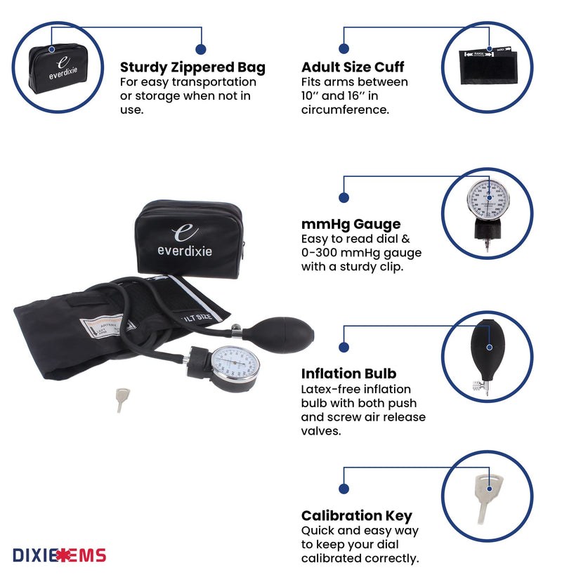 [Australia - AusPower] - Dixie EMS Deluxe Aneroid Sphygmomanometer Blood Pressure Set W/Adult Cuff, Carrying Case and Calibration Tool - Black 