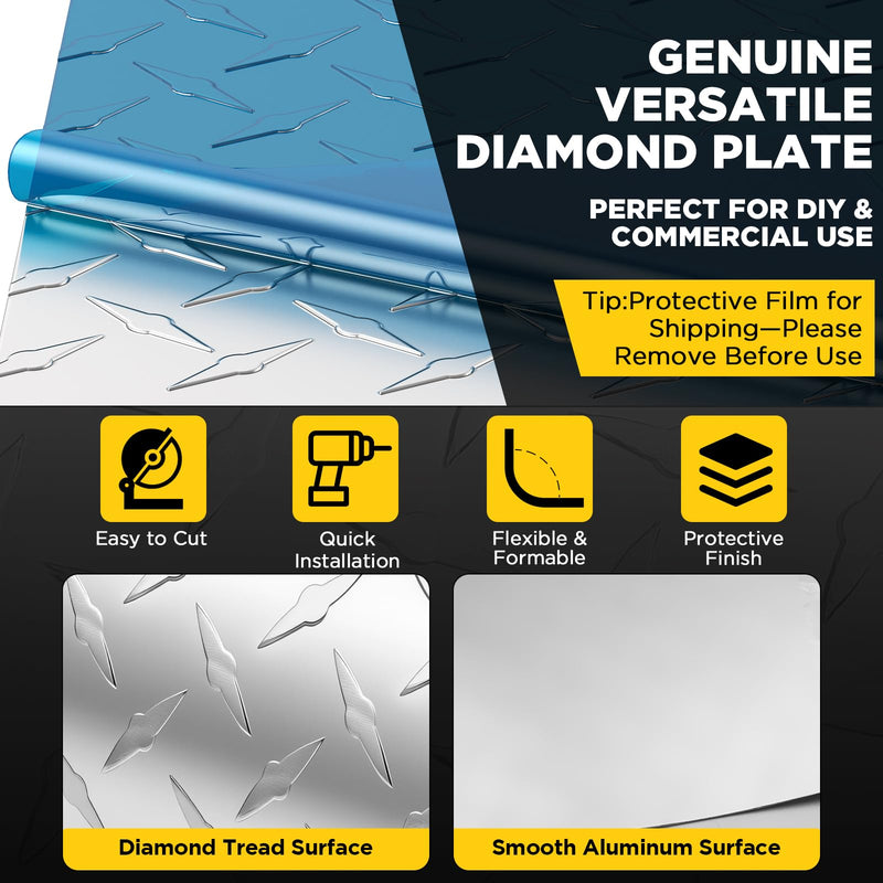 Aluminum Diamond Plate Sheet Metal, Mill Finish Diamond Sheet, Tread Texture Metal Panel Easy to Cut/Drill — for Commercial & Residential Use, Truck Beds, Trailers, Garage Walls & Cabinets, 120" × 4" 120x4In 0.045" Thick