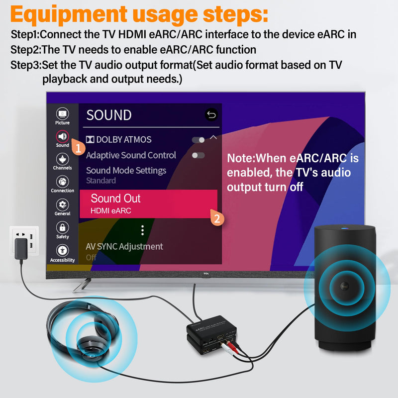 HDMI Earc/Arc Audio Extractor/Adapter, HDMI Earc/Arc to RCA R/L, Optical, 3.5mm Audio Converter