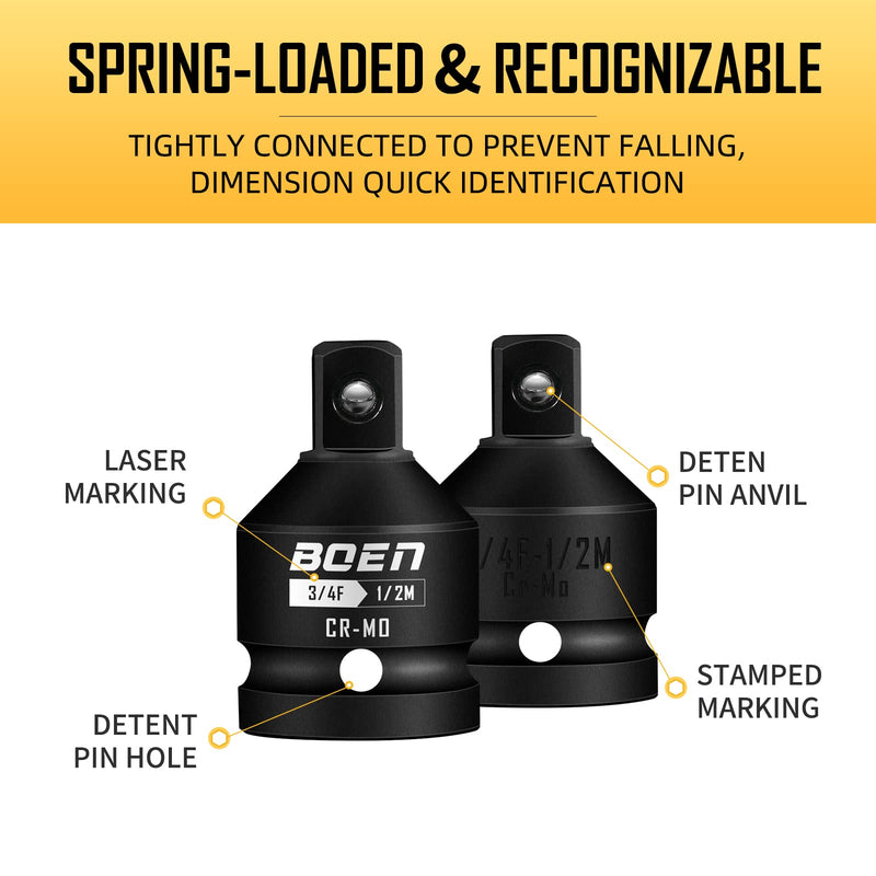 BOEN 3/4"F to 1/2"M Impact Socket Adapter, Cr-Mo Steel,Socket Adapter Set for Impact Driver Conversions