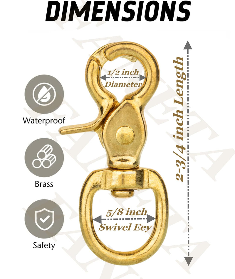[Australia - AusPower] - Quality Solid Brass 2-3/4" Trigger Snap Hooks 5/8" Swivel Round Eye Scissor Snap Clips Heavy Duty for Pet Leashes, Purse Straps and Belting Leathercraft (Pack of 2) 