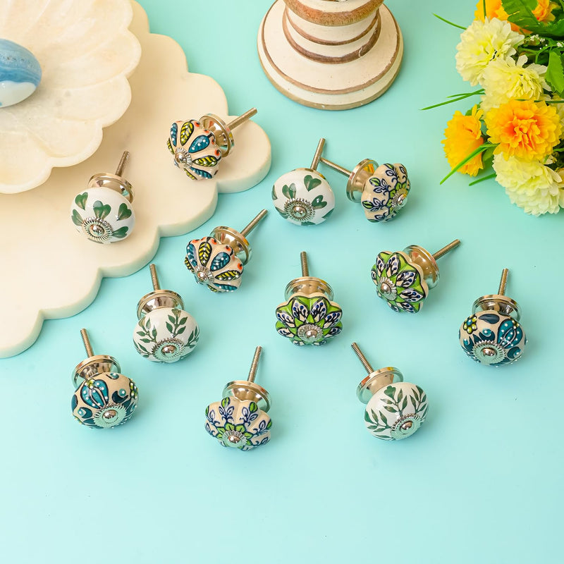 Perilla Home Set of 12 Ceramic Decorative Tomato Melon Knobs for Home Kitchen Cupboard Glass Door Knobs Dresser Wardrobe and Drawer Pulls (Green) Green