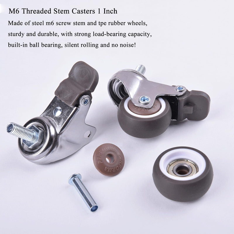 [Australia - AusPower] - 1 Inch Caster Wheels with M6 Threaded Stem, Small Swivel Stem Casters Set of 4 with Brakes, TPE Rubber Rolling 15 mm Screw Wheels for Furniture Tiny Shopping Cart Wire Shelving 1 Inch 