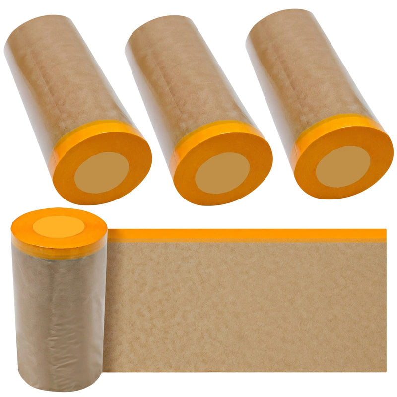 Varku 4 Pcs Paint Masking Paper Roll for Furniture, Car, and Wall Protection, 12 inch x 50 feet Yellow Tape with Kraft Paper Waterproof, Easy Peel-Off