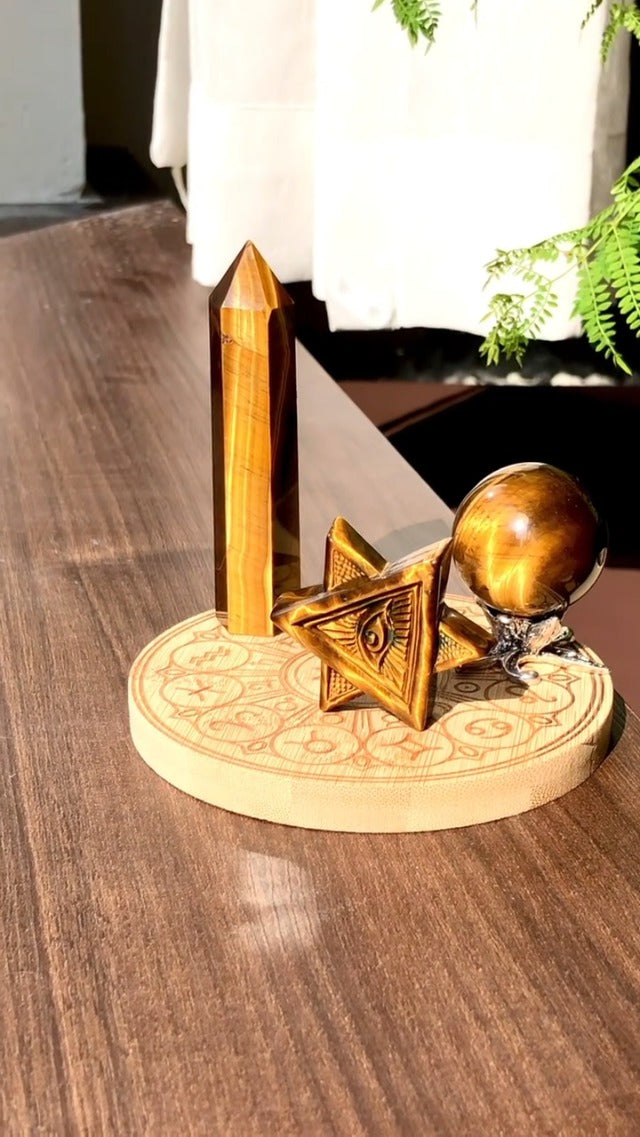 Natural Tiger Eye Crystal Sphere and Column with Base - Spiritual Energy Gemstone Art Piece for Feng Shui Home Decoration（Tower:5.91" Tall, Sphere:1.97‑2.36" Diameter） Tiger's Eye