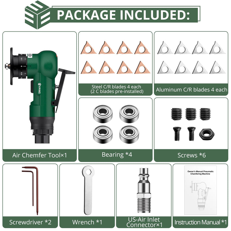 EYPINS Mini Pneumatic Chamfering Tool – 16pcs C&R-angle Blades Straight 45° Arc Beveling,Metal Air Chamfer 30000 RPM,Edge Deburring for Copper,Aluminum,Steel,Wood,Acrylic,1/4" Inlet,Precision,Quieter Green
