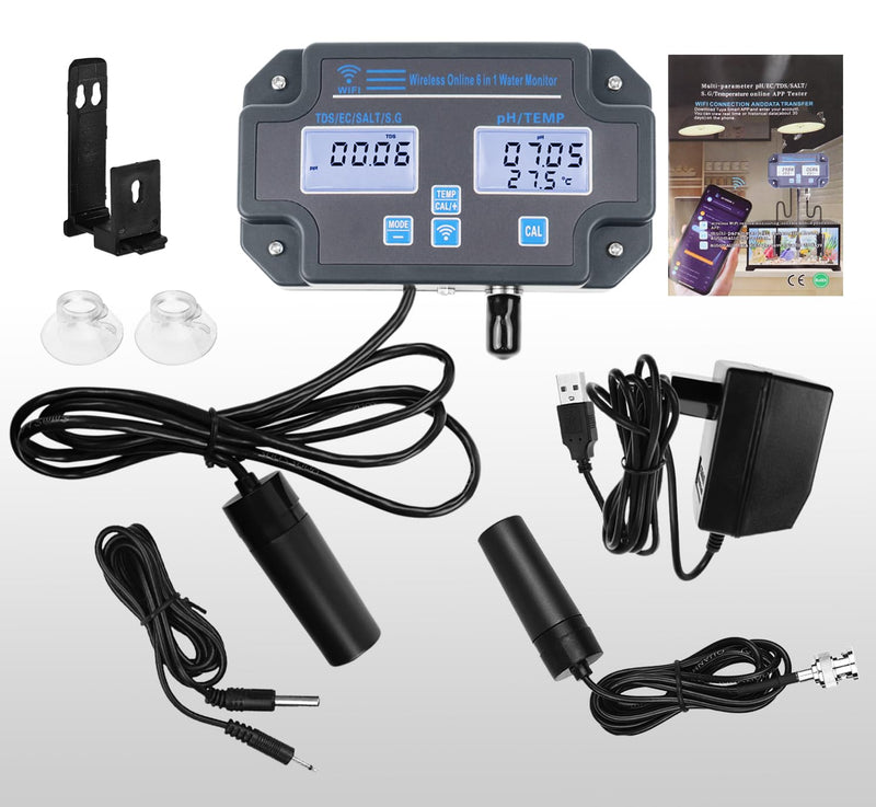 [Australia - AusPower] - Smart Water Quality Tester 6-in-1 pH/EC/TDS/Salinity/S.G and Temperature Meter with Wi-Fi Continuous Monitor Wall-Mounted pH Water Meter with ATC and Easy Calibration for Aquariums, Hydroponics 