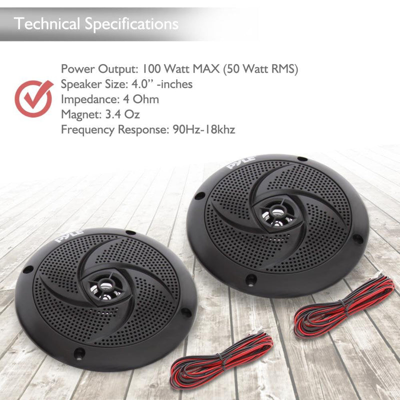 Pyle Marine Speakers - 4 Inch 2 Way Waterproof and Weather Resistant Outdoor Audio Stereo Sound System with 100 Watt Power and Low Profile Slim Style Design - 1 Pair - PLMRS4B (Black) 4.0" inch Speakers