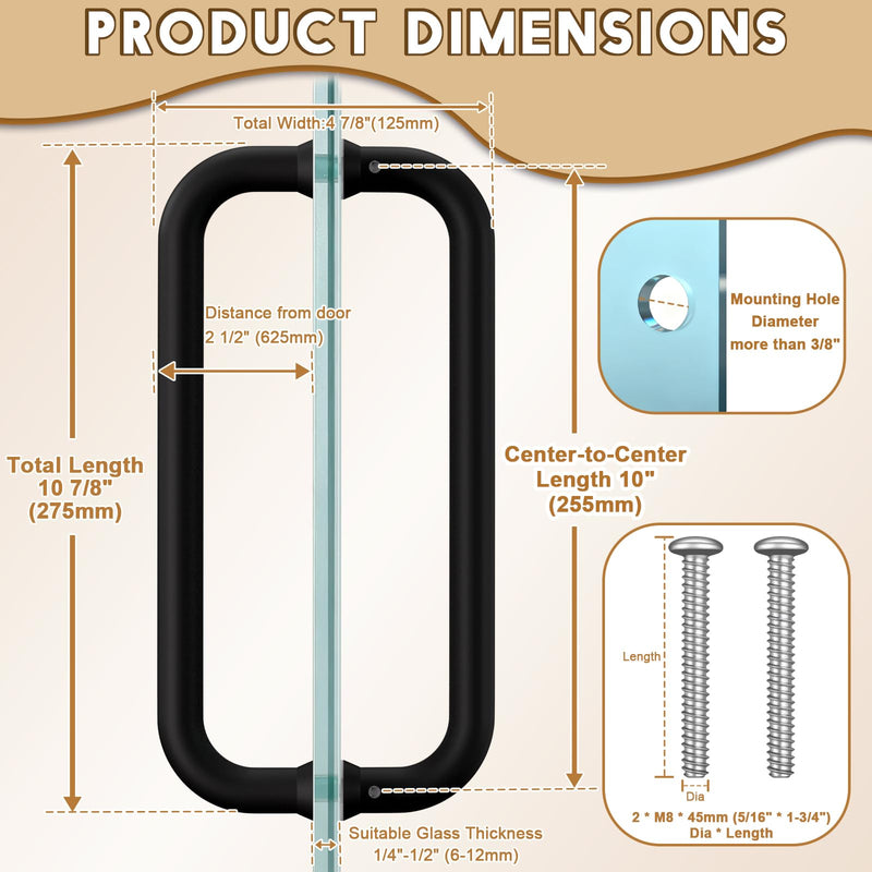 6"/8"/10" Matte Black Round Glass Shower Door Handle Replacement, Pull Push Bathroom Door Handles Double Sided, Stainless Steel Door Bar 10 inch / 25.5cm (Hole Center to Hole Center)