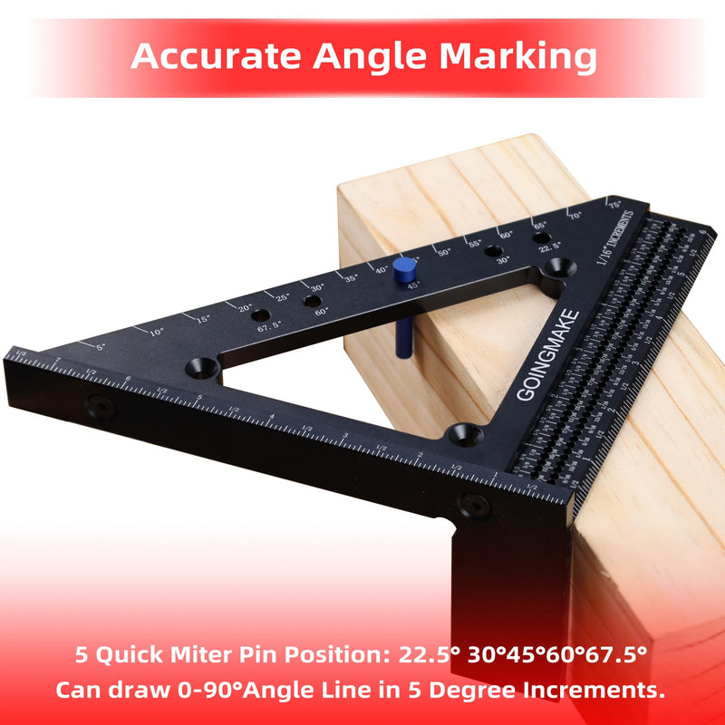 GOINGMAKE Big Carpenter Square 6x7.5 Inch Hole Scribing Ruler 3D Multi Angle Measuring Ruler 22.5-90 Degree Woodworking Square with Fixed Angle Pin 4 in 1 Square for Engineering and Construction