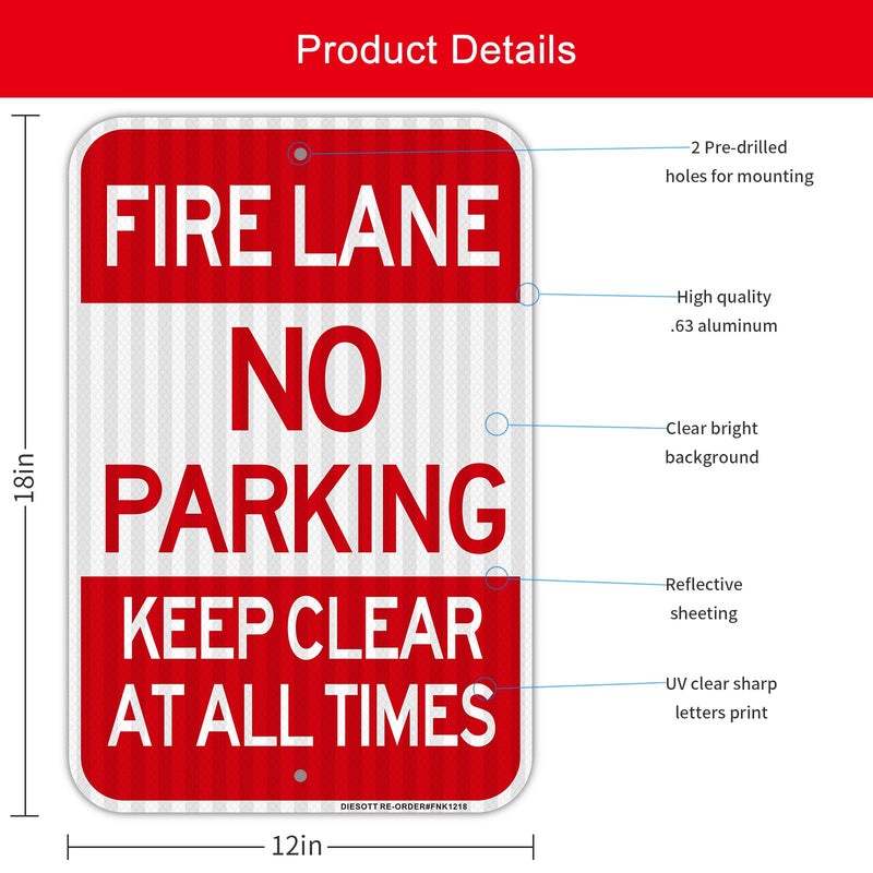 Fire Lane No Parking Sign, 2 Pack 18"x12" Fire Lane Keep Clear Signs, Rust Free Weather Resistant Aluminum, Waterproof, Durable Ink, Easy to Mount Indoor or Outdoor-By DIESOTT