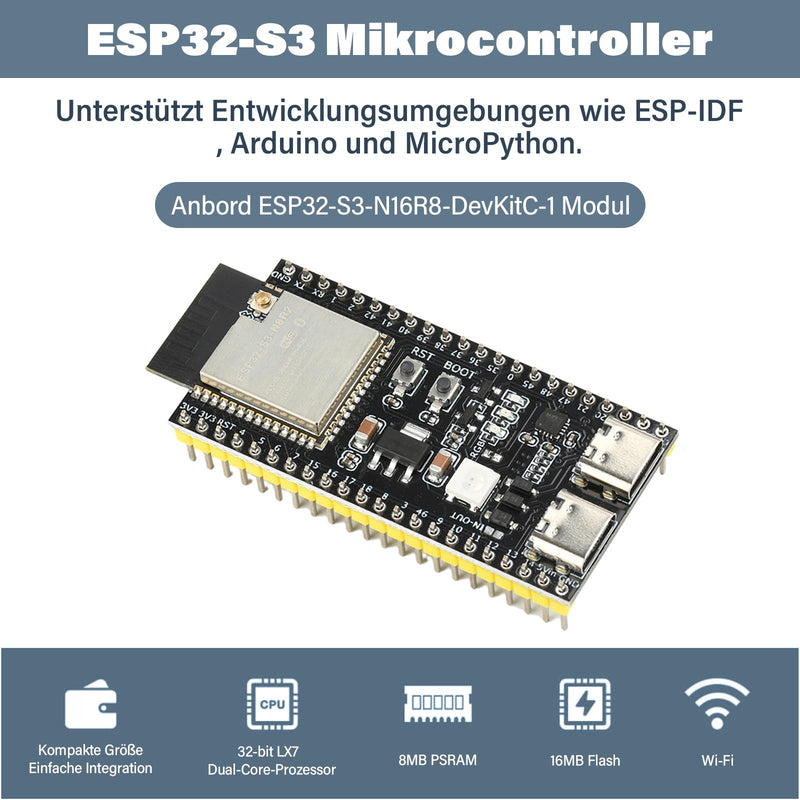 Heemol For ESP32 S3 N16R8 DevKitC-1 Modules, for ESP32 S3 Development Boards with WiFi, Bluetooth 5.0 for Arduino, USB C Connectable Pin Headers Not Soldered - Pack of 2