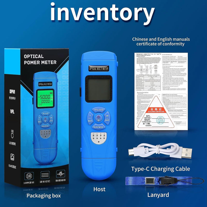 [Australia - AusPower] - Rechargeable Optical Power Meter L-C50-15 mini Optical Power Meter All-in-one Machine, Suitable for SC/FC/ST/LC Interface Four in one Function, Built-in RJ45 Network Testing, with 1 FC-LC Adapter blue L-C50 15 