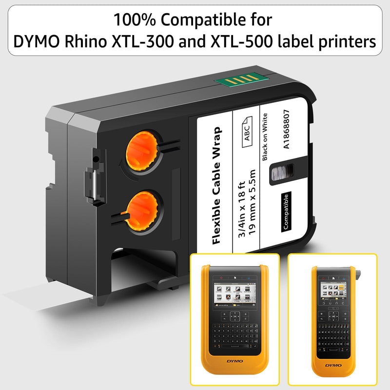 2 Pack Compatible for Dymo XTL Label Maker Tapes 1868807 3/4" Black on White Flexible Cable Wrap Nylon Label Tape for Dymo XTL-300 XTL-500, 19mm x 5.5m
