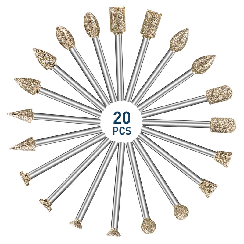 [Australia - AusPower] - Diamond Grinding Point Set, 20 Pieces Rotary Cutter Drill Milling Tool Set with 1/8 Inch Shank for Stone, Ceramic, Glass, Carving, Grinding, Polishing, Engraving 