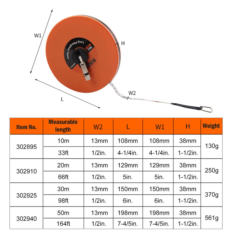 [Australia - AusPower] - KSEIBI 302910 Long Fiberglass Tape Measure Double Face Printing Inch/Metric for Construction Work (66ft / 20m) 60ft / 20m 
