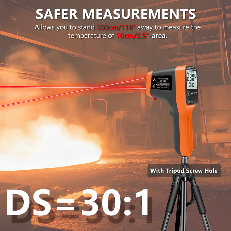 [Australia - AusPower] - Pyrometer, 30:1 Industrial Infrared Thermometer Gun Rechargeable, -58℉~2912℉ High Temp Waterproof Digital IR Laser Temperature Gauge (NOT for Human) Orange 