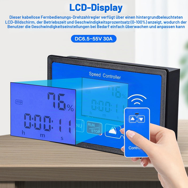 DEWIN Speed Controller, LCD Display 0-100% Adjustable Wireless Remote Control DC Motor Speed Controller DC 6.5-55V 30A