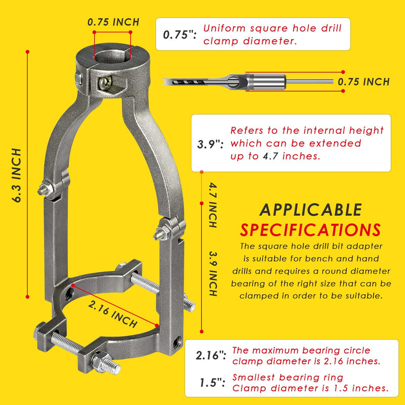 [Australia - AusPower] - Square Hole Drill Bit Adapter for Easy Installation and Disassembly - Mortising Attachment for Drill Press, Mortise Machine, Power Tool Accessory for Drill Machines 