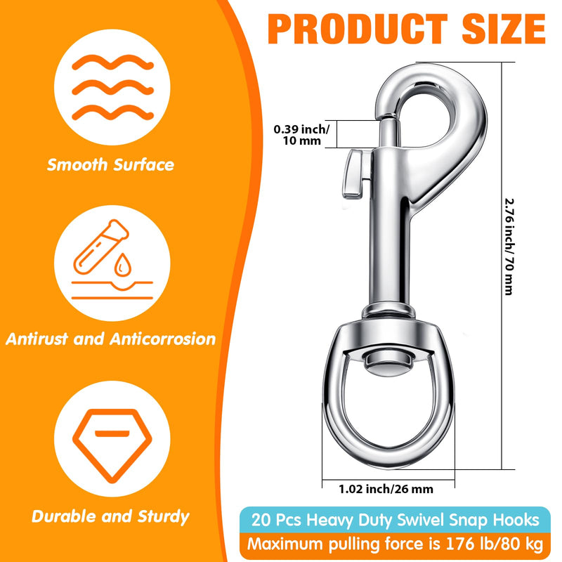 [Australia - AusPower] - Swivel Snap Hooks for Dog Leash Heavy Duty 2.76 Inch Flag Hooks Clasp Single Ended Clip Hooks Multipurpose Bolt Snap for Keychain Camera Strap Linking Pet Leash (20) 20 