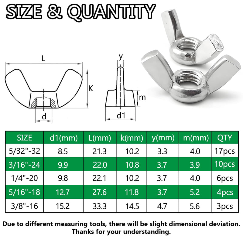 [Australia - AusPower] - 40PCS SAE Wing Nuts Assortment Kit, 5 Sizes- 5/32", 3/16", 1/4", 5/16", 3/8", Zinc Plated Wingnuts Fasteners, Parts Butterfly Wing Nut 5/32" -3/8" (40PCS) 