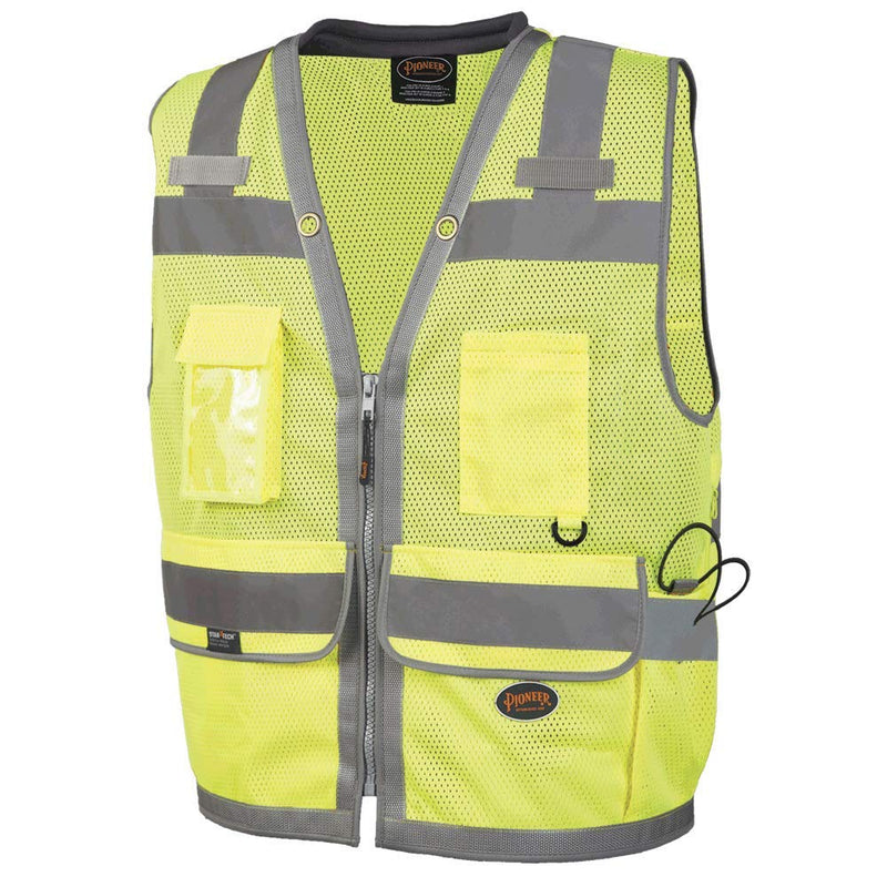 Pioneer Surveyor Safety Vest for Men – Hi Vis Reflective Neon, Cool Mesh, Padded Collar, 11 Pockets, Zipper, 2” Tape – Orange or Yellow/Green XX-Large Green