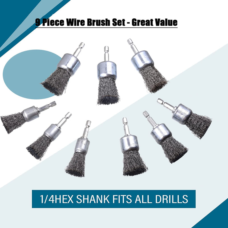 [Australia - AusPower] - 9 Pcs Wire Brush Wheel for Drill, Wire Brush for Drill 1-Inch Crimped End Wire Brushes 1/4" Hex Shank for Paint-Surface and Small Spaces 9 Pcs wire end brush 