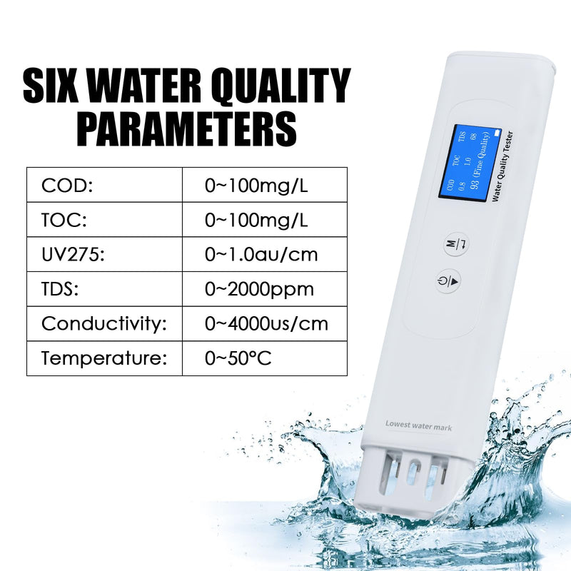 [Australia - AusPower] - Water Quality Tester for Drinking Water, Portable 6-in-1 TDS Meter TOC, COD, EC, UV275, Temp&TDS, Digital Drinking Water Quality Tester for Home, RV, Hiking, Camping, Travel, Well, Tap, Water Purifier 