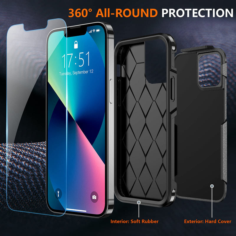 [Australia - AusPower] - SPIDERCASE Designed for iPhone 13 Case/iPhone 14 Case, [10 FT Military Grade Drop Protection] [with 2 pcs Tempered Glass Screen Protector] Cover for iPhone 13 & 14 6.1 inch (Black) Black 