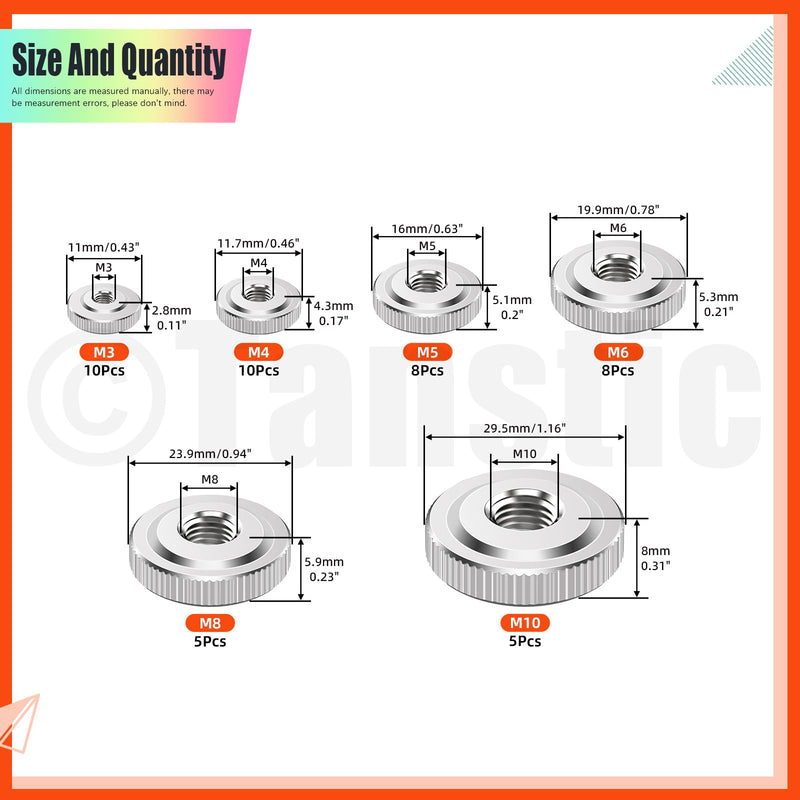 [Australia - AusPower] - Tanstic 46Pcs Round Knurled Thumb Nuts Conector Lock Adjusting Nuts M3 M4 M5 M6 M8 M10 Female Threaded Thin Type with Nickel Plated 