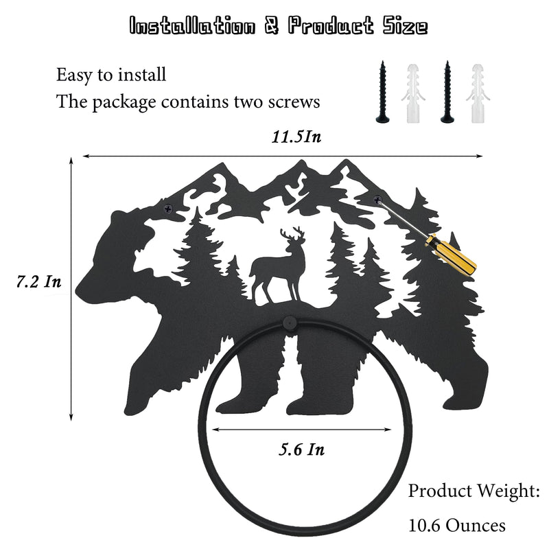 Black Bear Bathroom Decor Towel Holder for Bathroom Wall, Matte Black Log Cabin Towel Hook Rustic Bathroom Towel Rack Wall Mount, Round Towel Ring for Woodland Bathroom