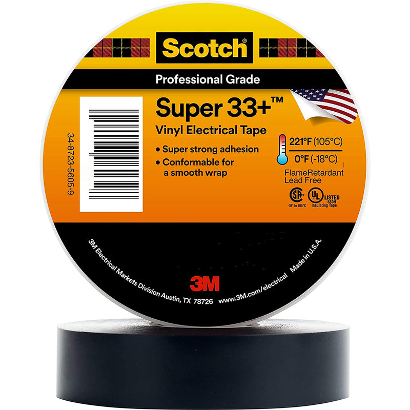 3M Scotch Super 33+ Electrical Tape - 3/4 in x 20 ft, Premium Grade All-Weather Vinyl, Resistant to Abrasion, Moisture, Corrosion, Alkalies - Black, 10 Roll Pack 3/4" X 20ft