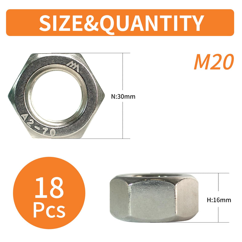 M20-2.5 Hex-Nuts (18pcs), 304 Stainless Steel (18-8), Hardware, Metric, Coarse Thread, DIN 934 M20