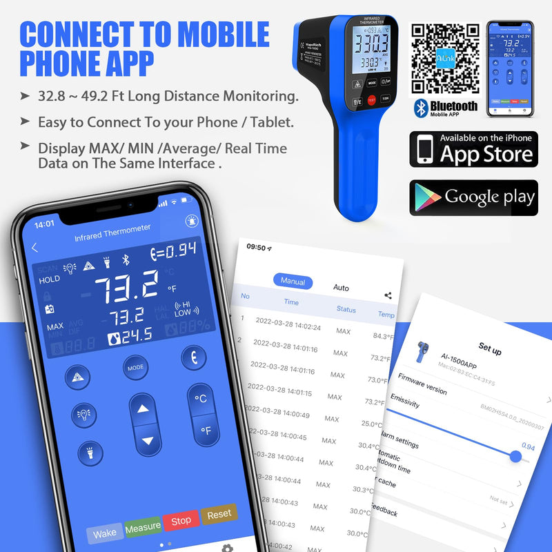 [Australia - AusPower] - AIOMEST Pyrometer AI-1600APP, -58℉~2912℉ High Temp Thermometer Gun D:S=30:1 Dual Laser Industrial ir Thermometer Gun w/Touch Buttons, Rechargeable Can be Connected to Phone APP (NOT for Human Temp) 