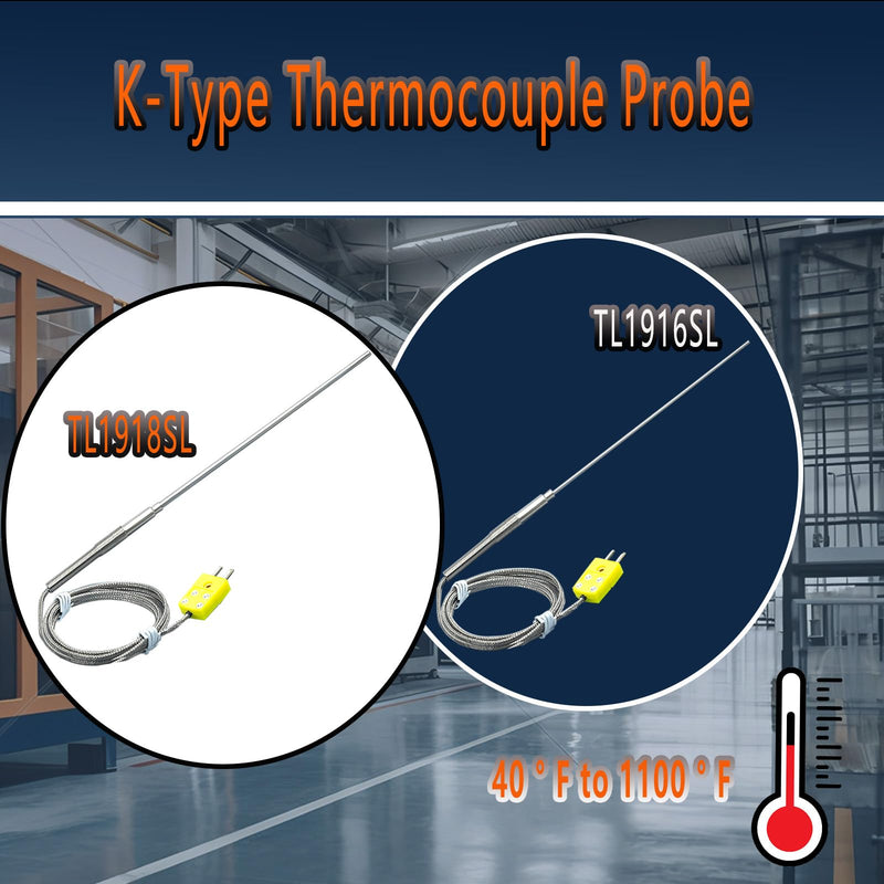 [Australia - AusPower] - 2 Pack TL1918SL TL1916SL K-Type Thermocouple Probe Large Probe 11.9“-0.13” Small Probe 11.9“/0.06”Measuring Range 40°F-1100°F Cable 40" 
