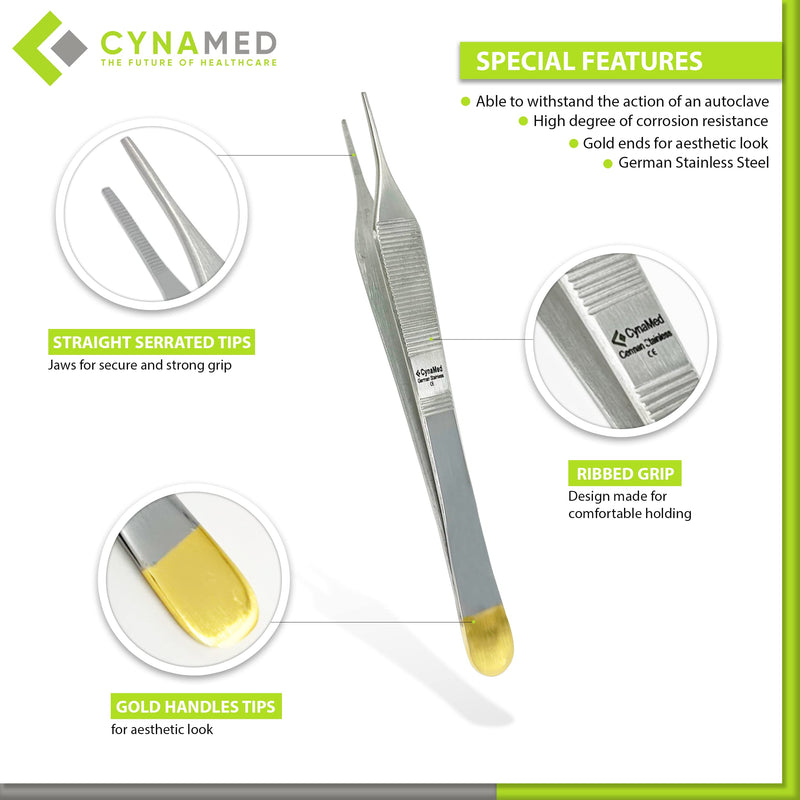 [Australia - AusPower] - Cynamed Set of 2 Adson Forceps with Gold Handle - 6 in. Straight Fine Point Surgical Veterinary Instruments (Serrated) Serrated 