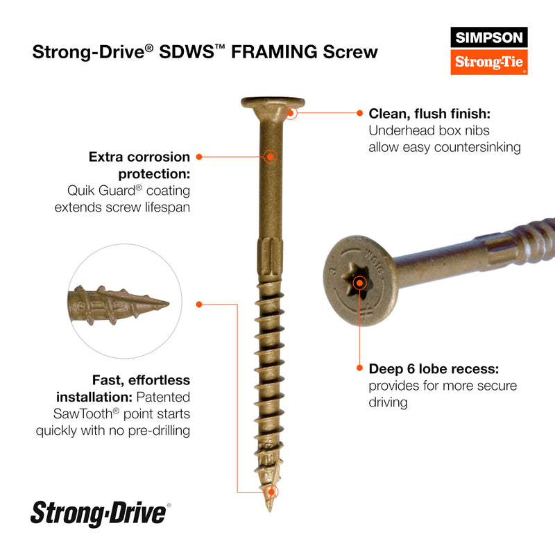 Simpson Strong-Tie SDWS16300QR75 Strong-Drive SDWS Framing Screws, 0.160 Inch x 3 Inch, Quik-Guard, Low Profile Head, Sawtooth Point, Tan (Pack of 75)