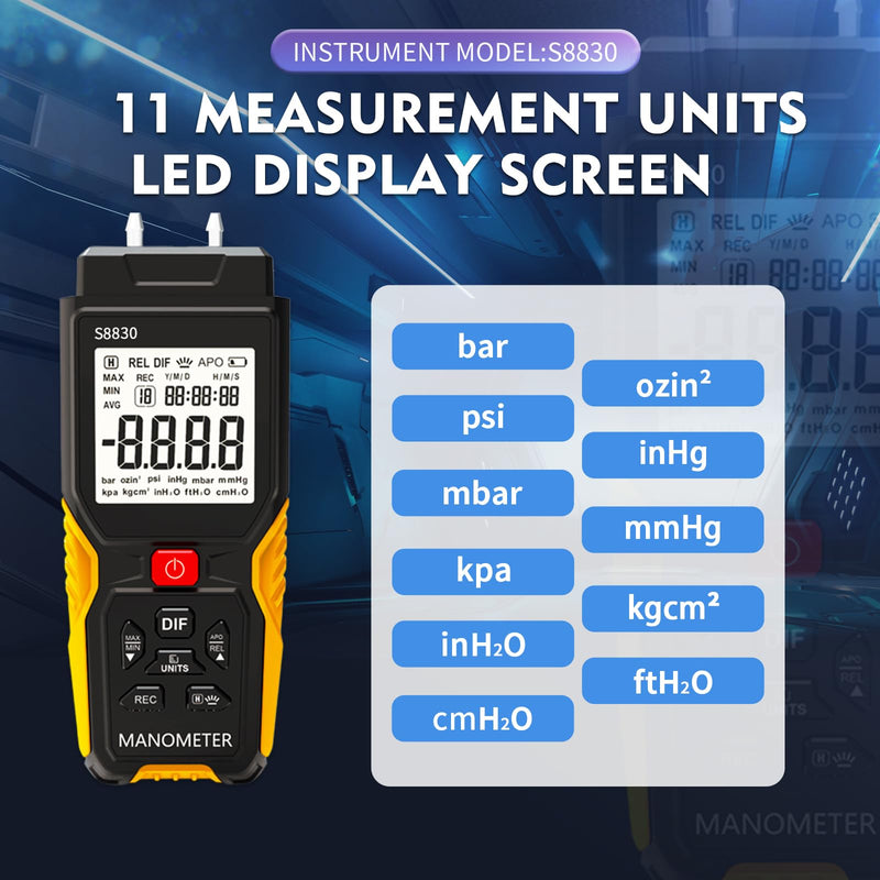 [Australia - AusPower] - Dual-Port Manometer with Storage Box,36.8kPa/147.7inH2O Air Pressure Meter,HVAC Digital Manometer Gas Pressure Tester,11 Selectable Units,Positive/Negative Pressure/Differential Pressure Gauge 