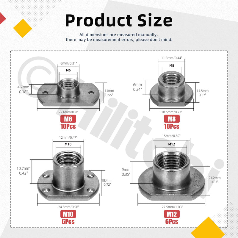 [Australia - AusPower] - Hilitchi 32Pcs T-Shaped Weld Nuts, M6 M8 M10 M12 Tab Base UNC Carbon Steel Weld Nuts Machine Screw 2 Projection 4 Projection Base Weld Nuts for Furniture Vehicles Caster and Industry Machine 