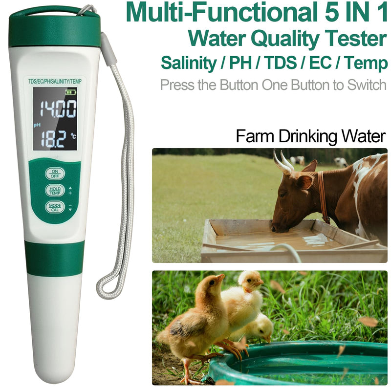 [Australia - AusPower] - Display PH Meter Watter Tester 5 in 1, Functions: PH,TDS,EC,Salt,Temp, IPX5 Waterproof, High Accuracy With 3 Calibration Powders, for Saltwater Pool, Hot Tubs, SPAs, Aquarium, Hydroponics System 