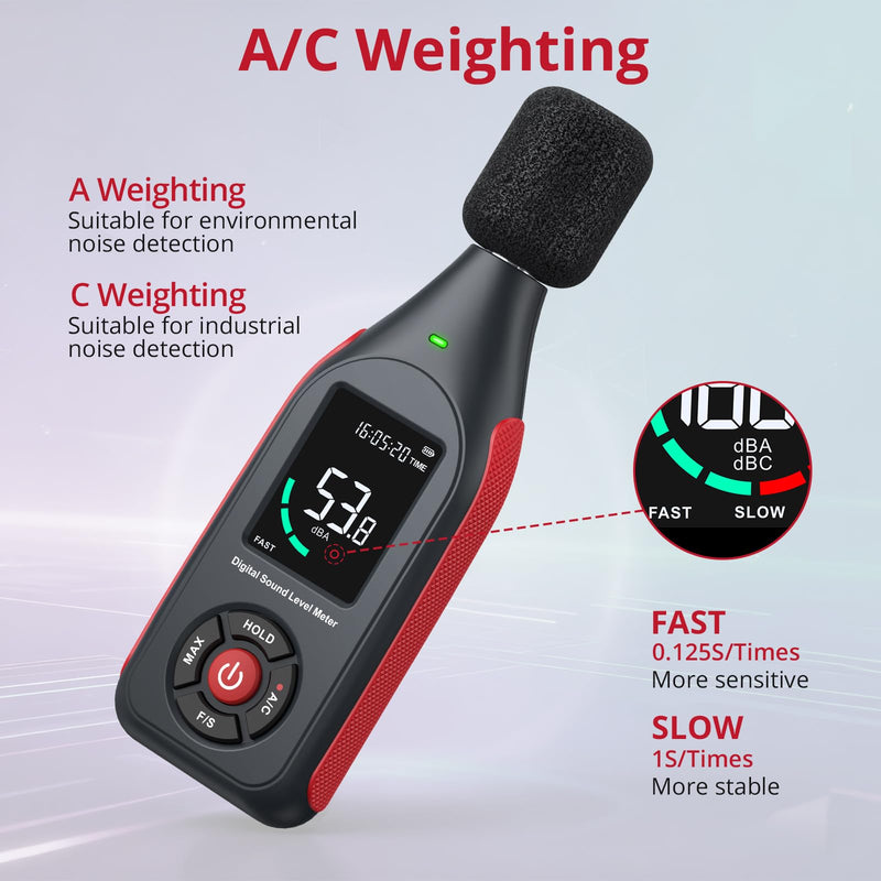 BINTA Decibel Meter Sound Level Meter 30dB to 130dB | With data acquisition and graphic printing, 43,000 data sets, A/C weighted, MAX, 3-colour alarm for DIY shops