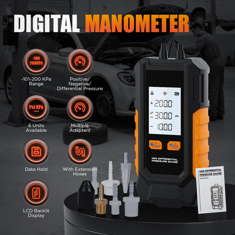 Manometer Gas Pressure Tester -101 to 200KPa Digital Manometers Dual-Port Gas Manometers HVAC with Auto Calibration, Backlight LCD Display, Data Hold Air Pressure Meter Small-PT503