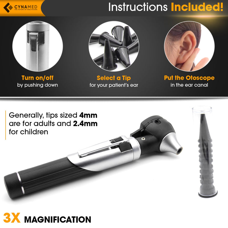 [Australia - AusPower] - Cynamed Mini Otoscope - Portable Ear Light and Exam Kit for Home and Professional Use - 4X Magnifying Fiber Optic Scope with Spare Tips, Bulb, and Carrying Case - Pocket Diagnostic Equipment (Black) Black 