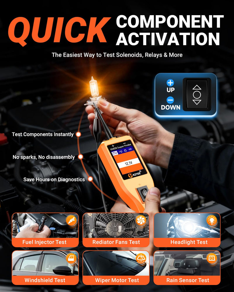 KZYEE KM06 Automotive Power Circuit Probe Tester 8-35V, All-in-One Electrical Diagnostic Tool with Component Activation, Short Circuit Finder, Wire Tracer & Trailer Light Tester for Cars, Trucks & RVs Amber Orange