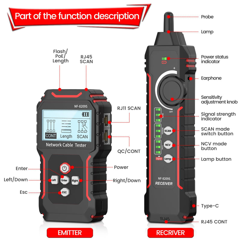 [Australia - AusPower] - RJ45 Network Cable Tester and Tracer, VXSCAN NF-8209S Ethernet Cable Tester Wire Tracer with NCV & Lamp for CAT5 CAT6 CAT6a - Cont/Length Measurement/SCAN/Flash/QC/NCV/POE Tester AI01 