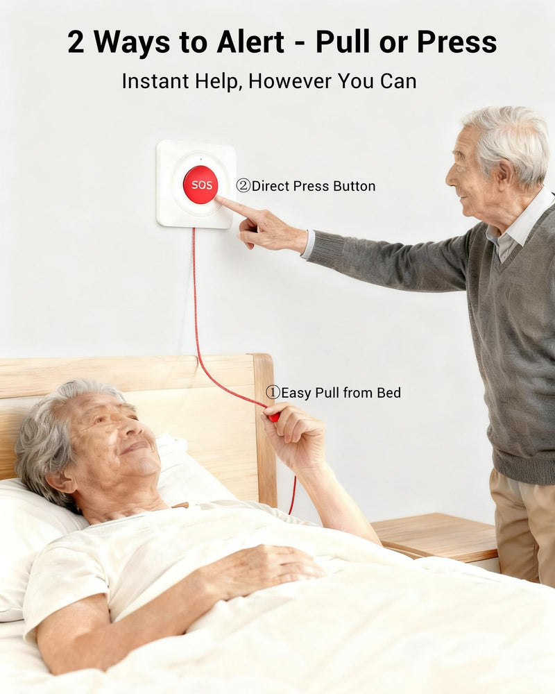 PILSAMAS WiFi Caregiver Wireless Call Button System - 2 Lanyard + 1 Pull Cord Emergency Button, No Monthly Fee APP Alert, Custom Names/Tones, Elderly Safety for Mobile, Bathroom & Bedside Care P5- 2 LANYARDS+1 PULL BUTTON + 1 HUB