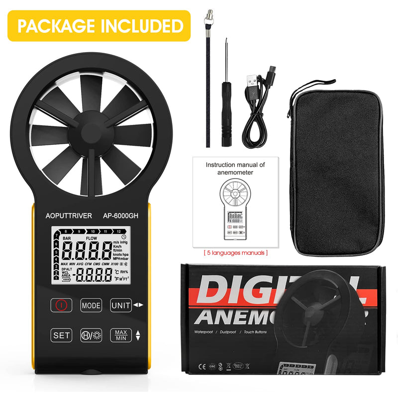 HVAC Anemometer CFM Meter Air Flow Meter with Touch-Screen,Temp, Backlight, Data Hold for Air Volume, HVAC Vents, Sailing, Shooting-AP-6000GH AP-6000GH(HVAC Anemometer, CFM Meter)